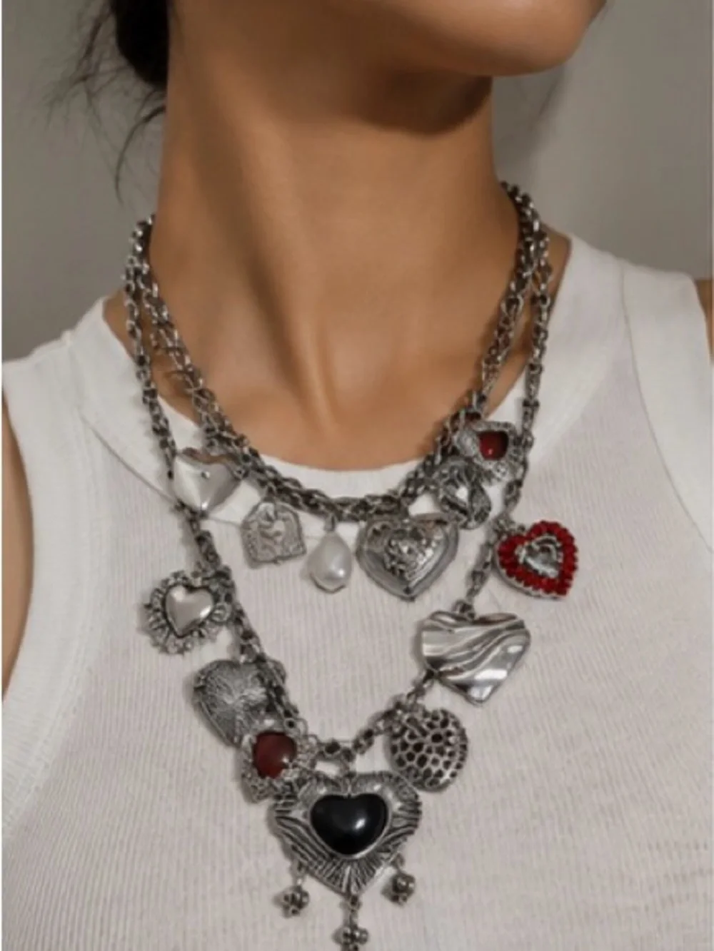 Silver Heart Multi-Charm Necklace with Red and Black Accents